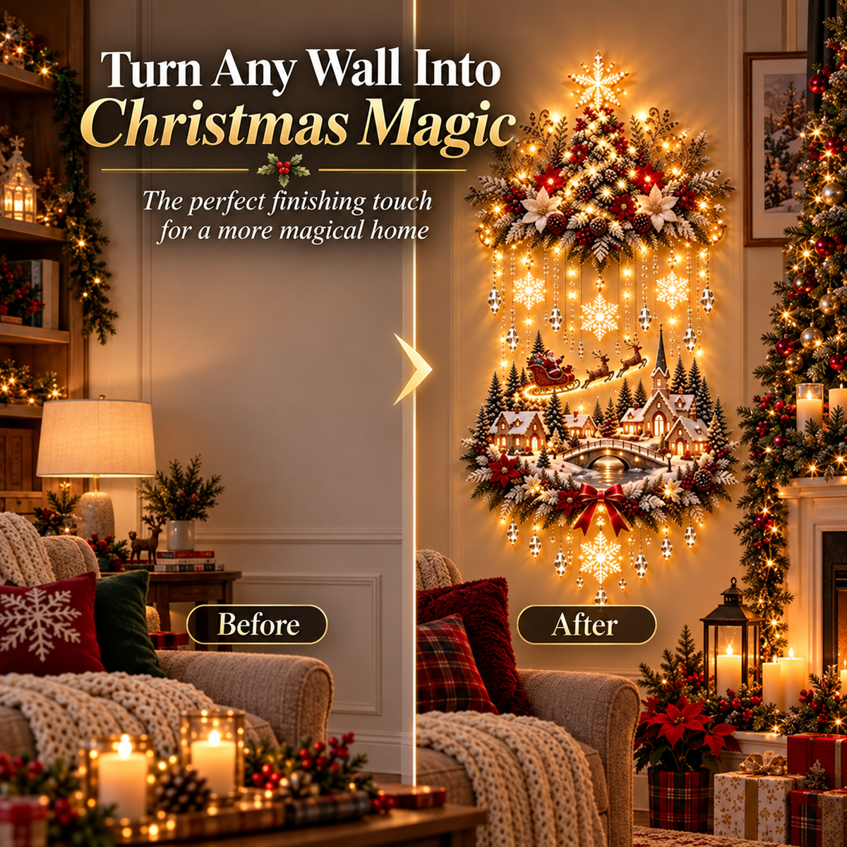 🎄 Lighted Christmas Tree & Village Wall Decor – Warm Cascading Glow