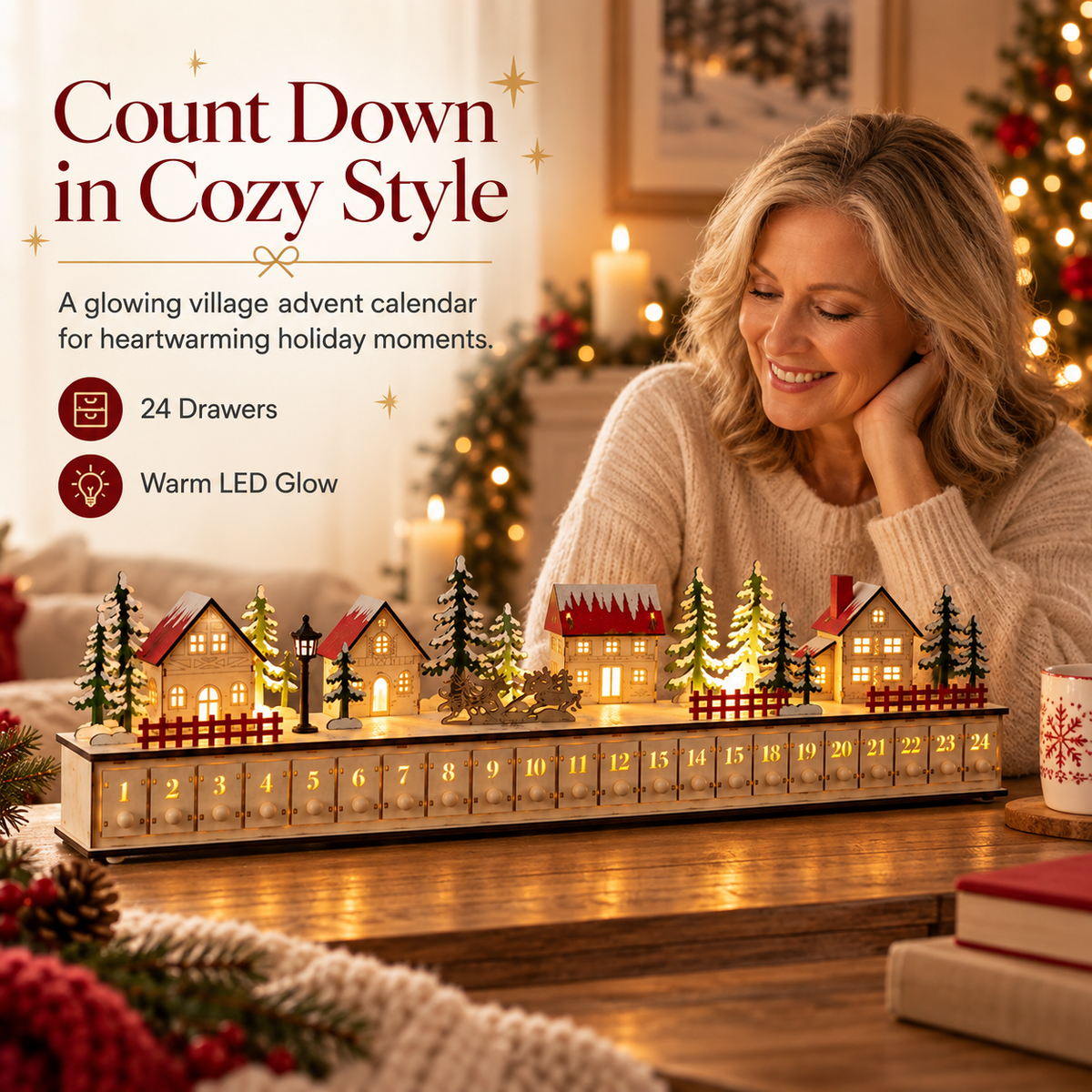 🎄 Wooden Christmas Village Advent Calendar – Magical LED Holiday Countdown 🎁✨