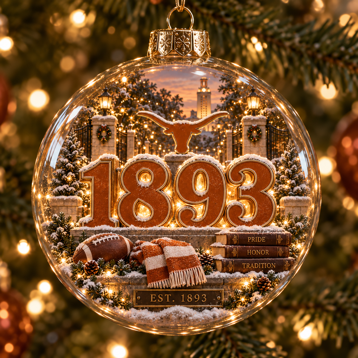 Hook ’Em – Light-Up College Football Heritage Christmas Ornament