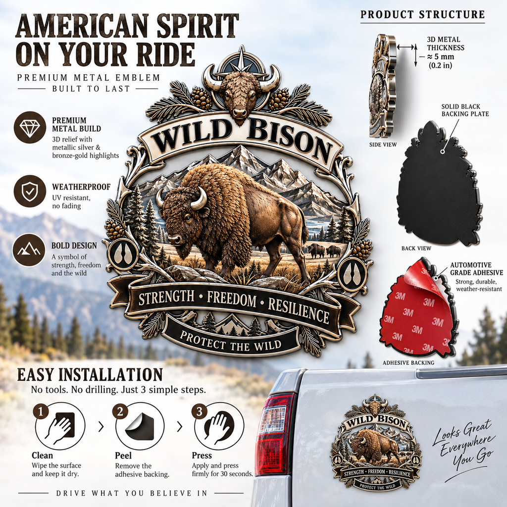 Wild Bison 3D Metal Car Emblem – Strength · Freedom · Resilience