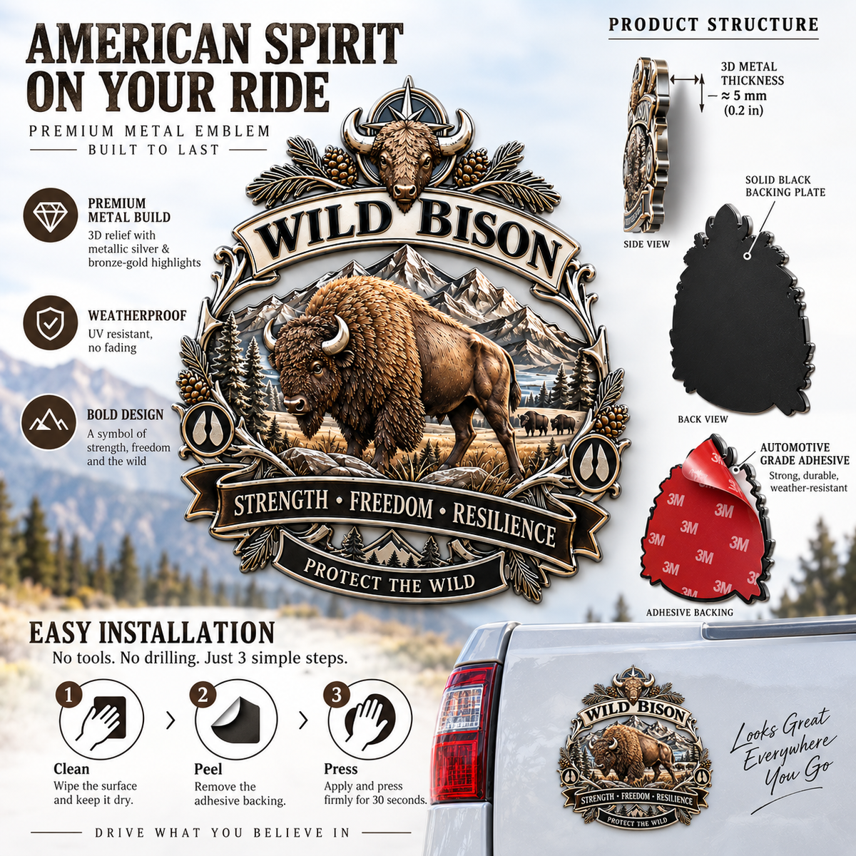 Wild Bison 3D Metal Car Emblem – Strength · Freedom · Resilience