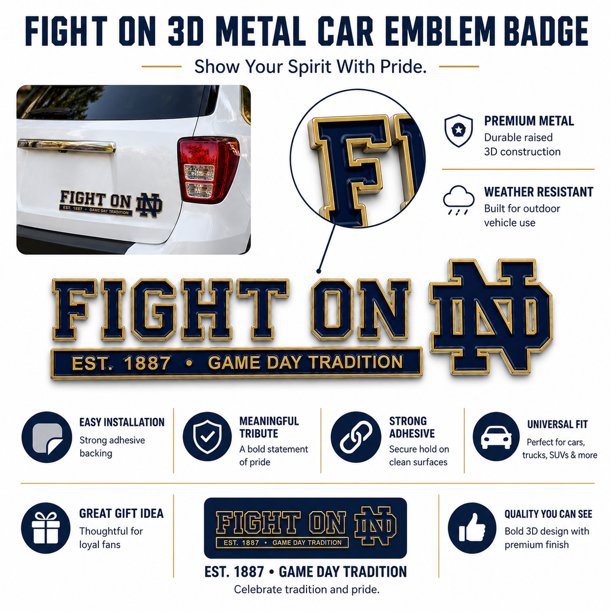 FIGHT ON 3D Metal Car Emblem Badge