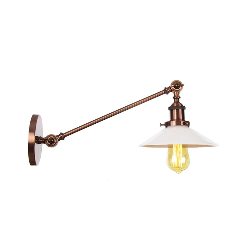 Sikunuo | Industrial Conical Wall Lamp 1 Light Opal Glass Wall Lamp in Black/Copper/Brass with Arm, 8"/12" L