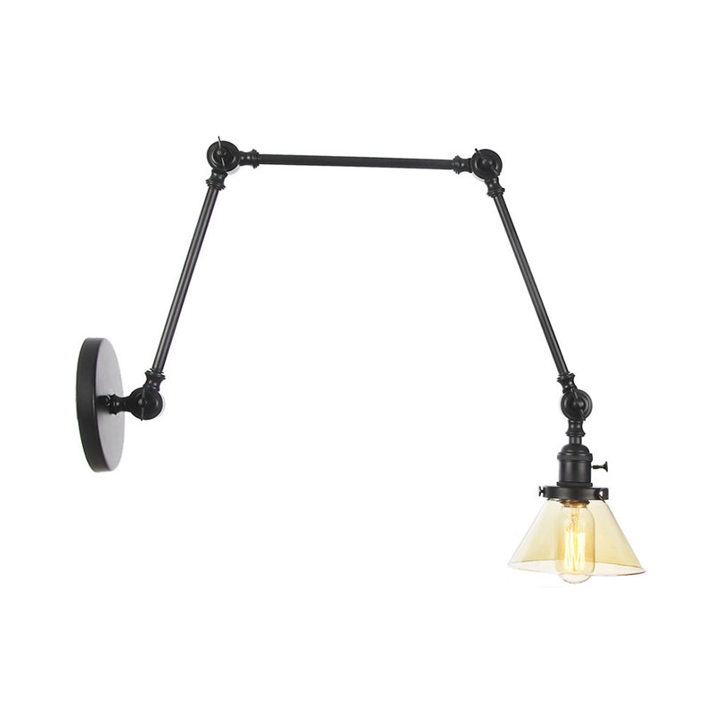 Sikunuo | 1 Light Wall Lamp Industrial Cone Clear/Amber Glass Wall Lamp in Black/Bronze/Brass with Adjustable Arm, 8“+8"/8"+8"+8" Long