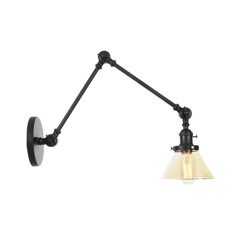 Sikunuo | 1 Light Wall Lamp Industrial Cone Clear/Amber Glass Wall Lamp in Black/Bronze/Brass with Adjustable Arm, 8“+8"/8"+8"+8" Long