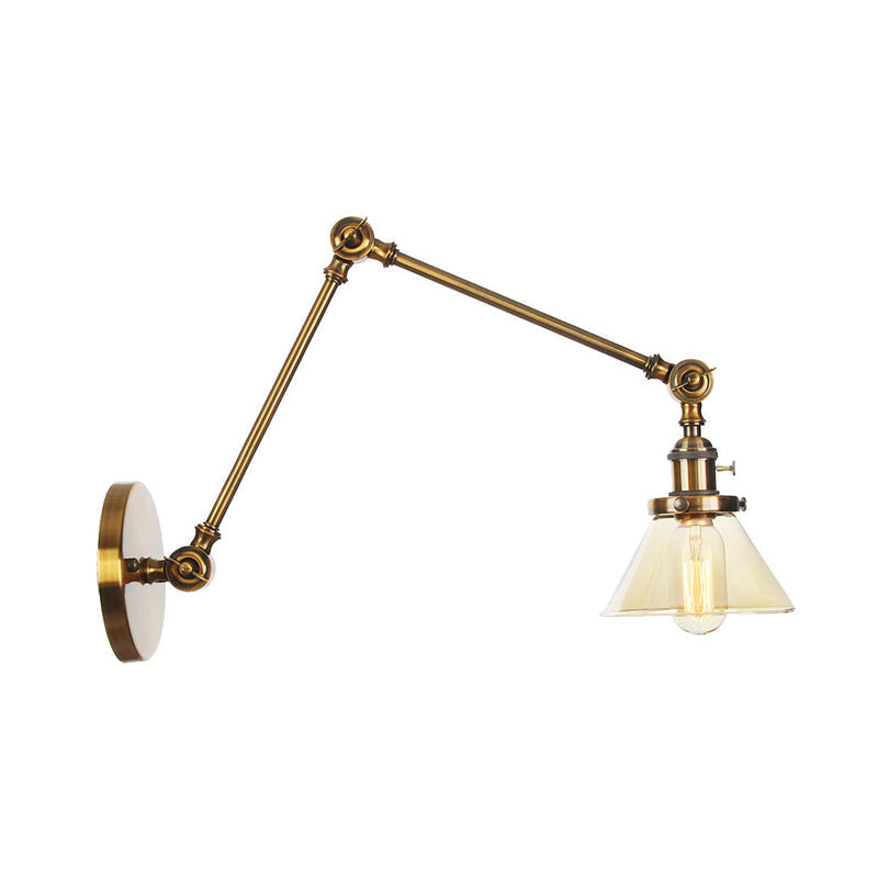 Sikunuo | 1 Light Wall Lamp Industrial Cone Clear/Amber Glass Wall Lamp in Black/Bronze/Brass with Adjustable Arm, 8“+8"/8"+8"+8" Long