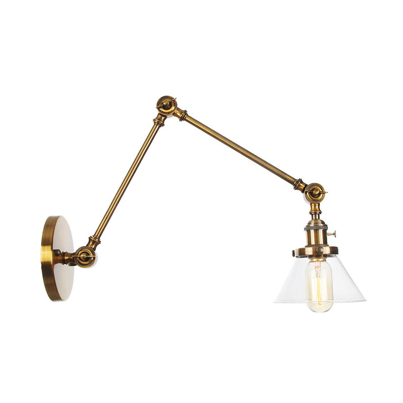 Sikunuo | 1 Light Wall Lamp Industrial Cone Clear/Amber Glass Wall Lamp in Black/Bronze/Brass with Adjustable Arm, 8“+8"/8"+8"+8" Long