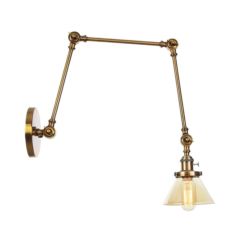 Sikunuo | 1 Light Wall Lamp Industrial Cone Clear/Amber Glass Wall Lamp in Black/Bronze/Brass with Adjustable Arm, 8“+8"/8"+8"+8" Long