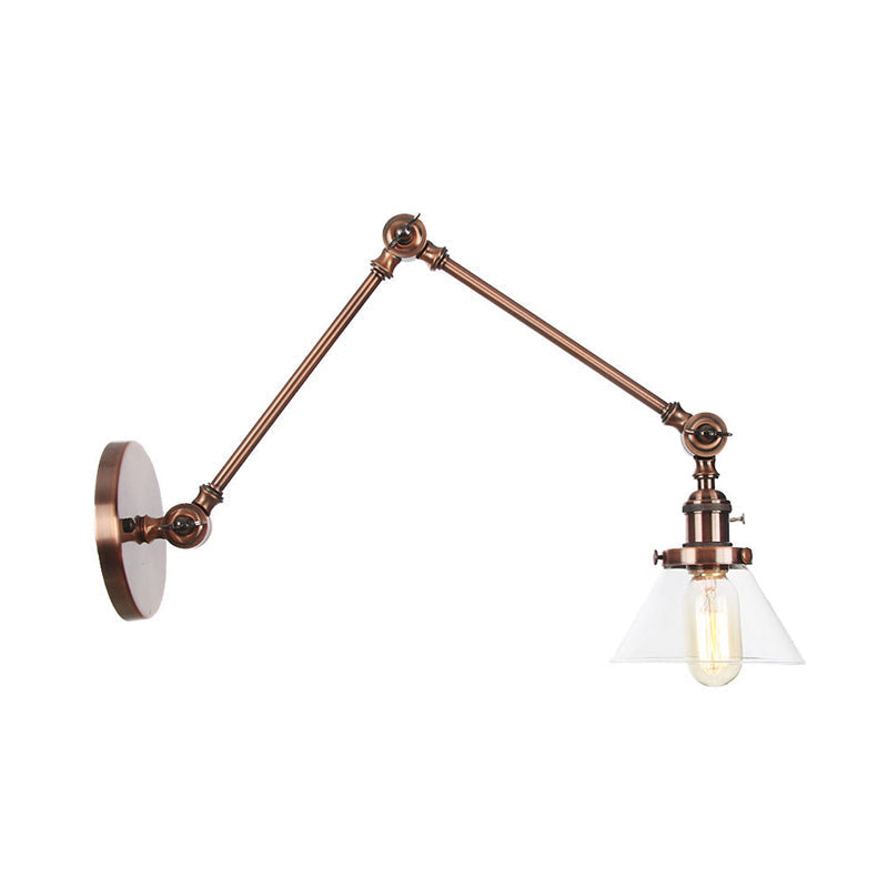 Sikunuo | 1 Light Wall Lamp Industrial Cone Clear/Amber Glass Wall Lamp in Black/Bronze/Brass with Adjustable Arm, 8“+8"/8"+8"+8" Long
