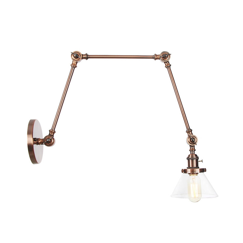Sikunuo | 1 Light Wall Lamp Industrial Cone Clear/Amber Glass Wall Lamp in Black/Bronze/Brass with Adjustable Arm, 8“+8"/8"+8"+8" Long