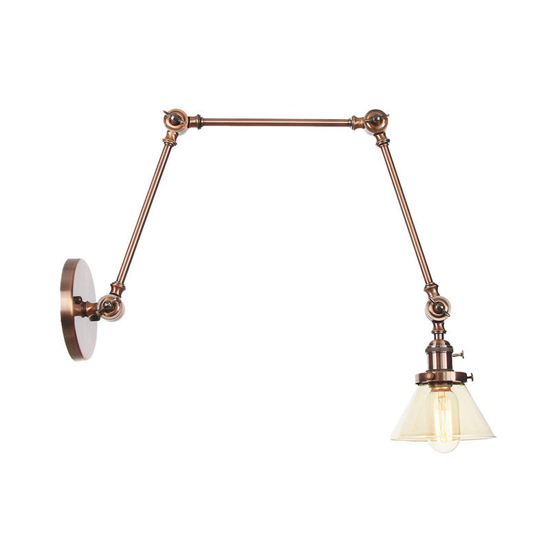 Sikunuo | 1 Light Wall Lamp Industrial Cone Clear/Amber Glass Wall Lamp in Black/Bronze/Brass with Adjustable Arm, 8“+8"/8"+8"+8" Long