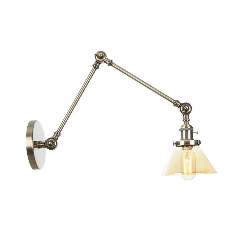 Sikunuo | 1 Light Wall Lamp Industrial Cone Clear/Amber Glass Wall Lamp in Black/Bronze/Brass with Adjustable Arm, 8“+8"/8"+8"+8" Long