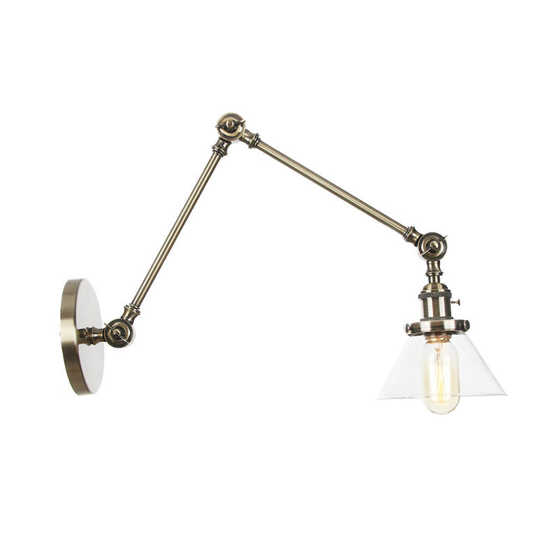 Sikunuo | 1 Light Wall Lamp Industrial Cone Clear/Amber Glass Wall Lamp in Black/Bronze/Brass with Adjustable Arm, 8“+8"/8"+8"+8" Long