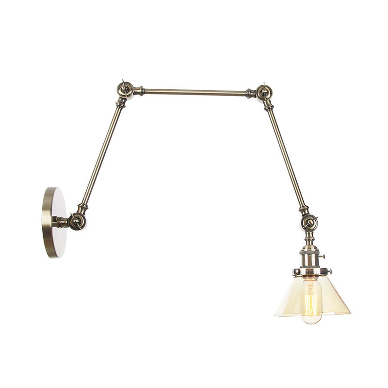 Sikunuo | 1 Light Wall Lamp Industrial Cone Clear/Amber Glass Wall Lamp in Black/Bronze/Brass with Adjustable Arm, 8“+8"/8"+8"+8" Long