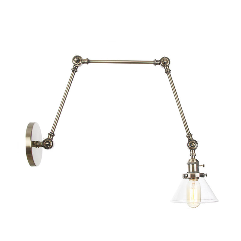Sikunuo | 1 Light Wall Lamp Industrial Cone Clear/Amber Glass Wall Lamp in Black/Bronze/Brass with Adjustable Arm, 8“+8"/8"+8"+8" Long