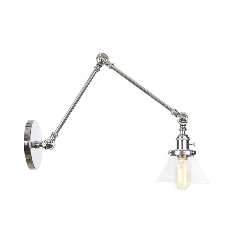 Sikunuo | 1 Light Wall Lamp Industrial Cone Clear/Amber Glass Wall Lamp in Black/Bronze/Brass with Adjustable Arm, 8“+8"/8"+8"+8" Long