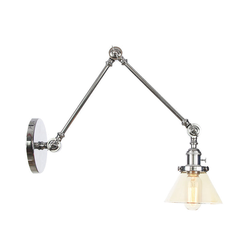 Sikunuo | 1 Light Wall Lamp Industrial Cone Clear/Amber Glass Wall Lamp in Black/Bronze/Brass with Adjustable Arm, 8“+8"/8"+8"+8" Long
