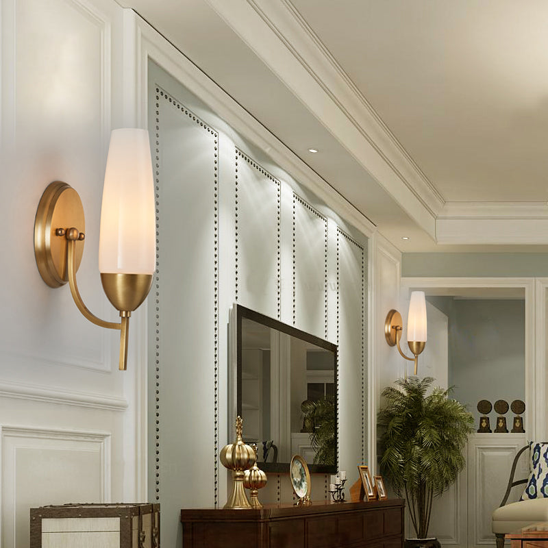 Sikunuo | Contemporary 1-Light Wall Lamp Brass Cone Sconce Lamp with Opaque Glass Shade