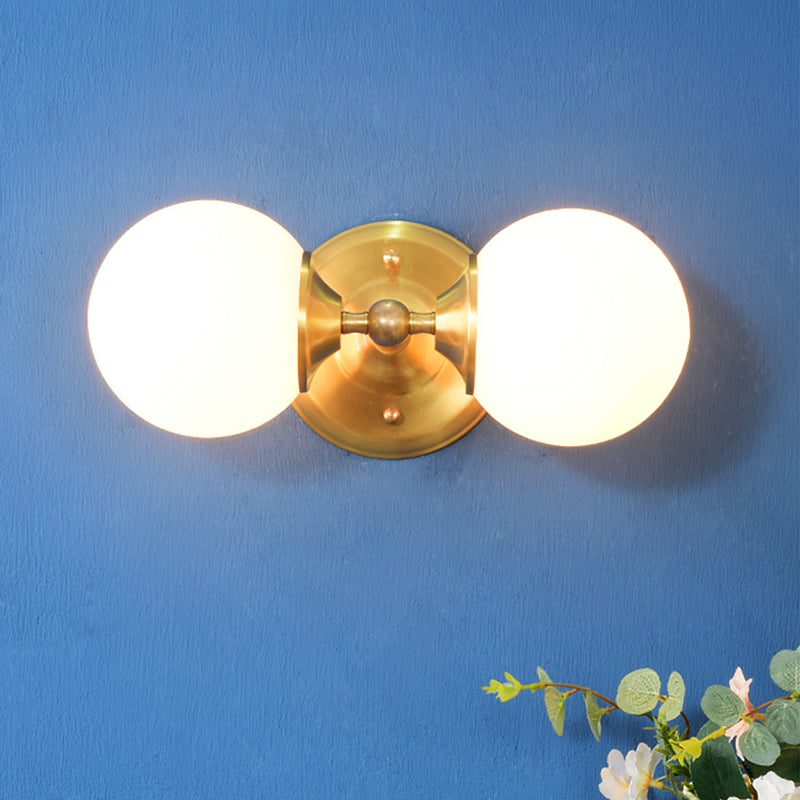 Sikunuo | Spherical Wall Lamp Contemporary Milk Glass 2 Heads Wall Mounted Light in Brass