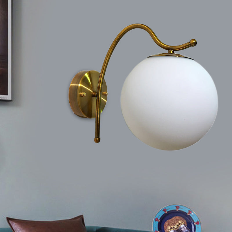 Sikunuo | Ball Wall Lamp Modern White Glass 1 Head Gold Wall Light with Metal Curved Arm
