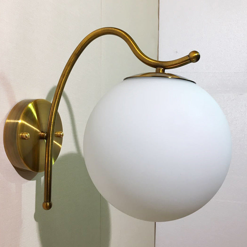 Sikunuo | Ball Wall Lamp Modern White Glass 1 Head Gold Wall Light with Metal Curved Arm