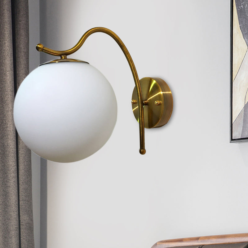 Sikunuo | Ball Wall Lamp Modern White Glass 1 Head Gold Wall Light with Metal Curved Arm