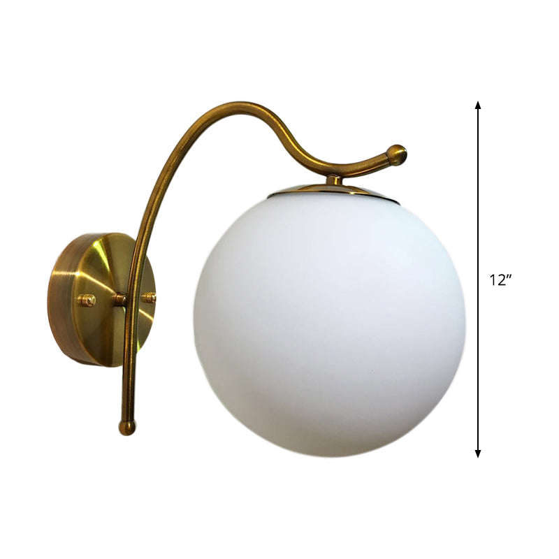 Sikunuo | Ball Wall Lamp Modern White Glass 1 Head Gold Wall Light with Metal Curved Arm
