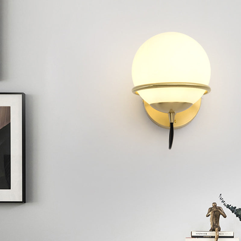 Sikunuo | 1 head nightstand wall lamp modern brass wall lighting with global white glass shade
