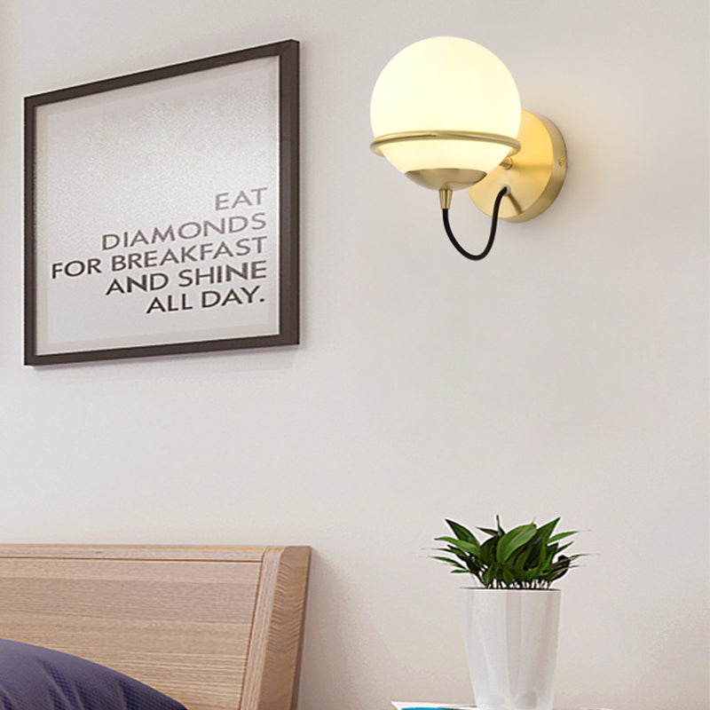 Sikunuo | 1 head nightstand wall lamp modern brass wall lighting with global white glass shade