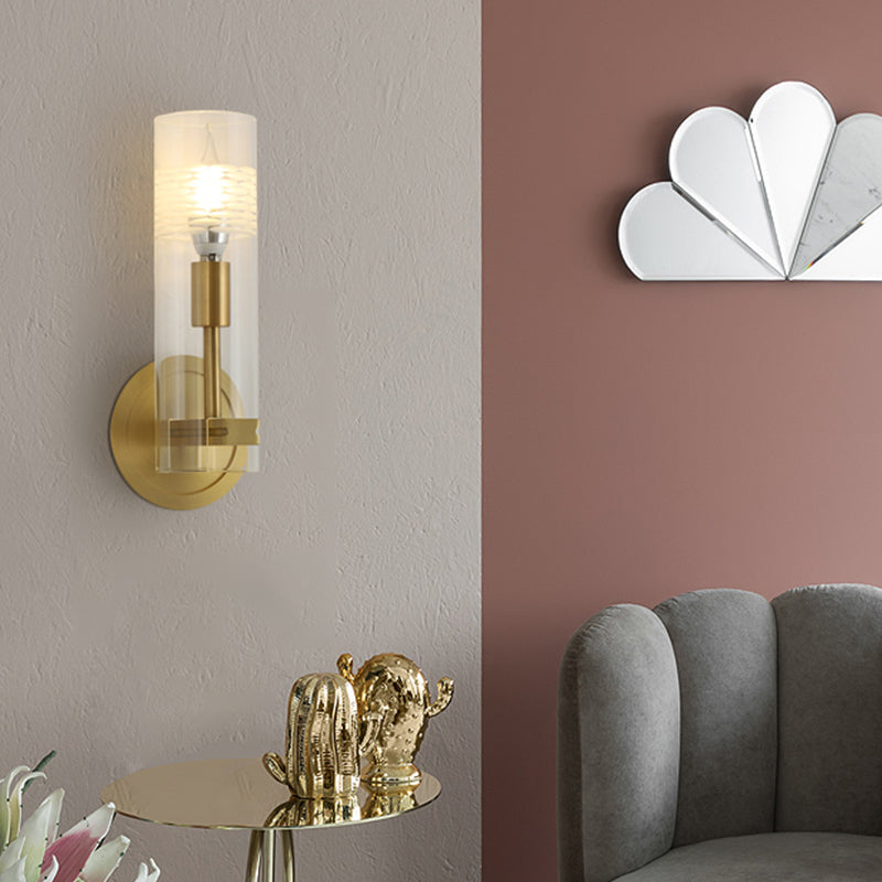 Sikunuo | Modernism 1 Head Wall Light Brass Cylindrical Wall Mount Lighting with Clear Glass Shade