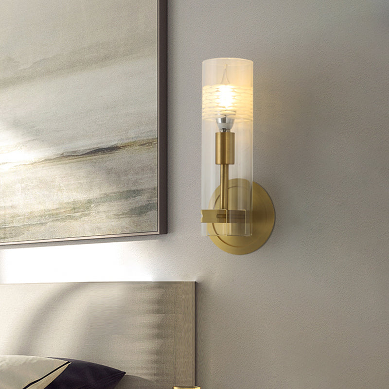Sikunuo | Modernism 1 Head Wall Light Brass Cylindrical Wall Mount Lighting with Clear Glass Shade