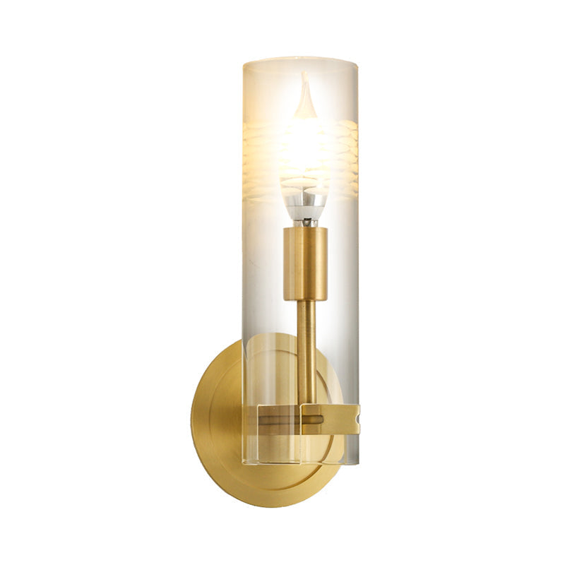 Sikunuo | Modernism 1 Head Wall Light Brass Cylindrical Wall Mount Lighting with Clear Glass Shade