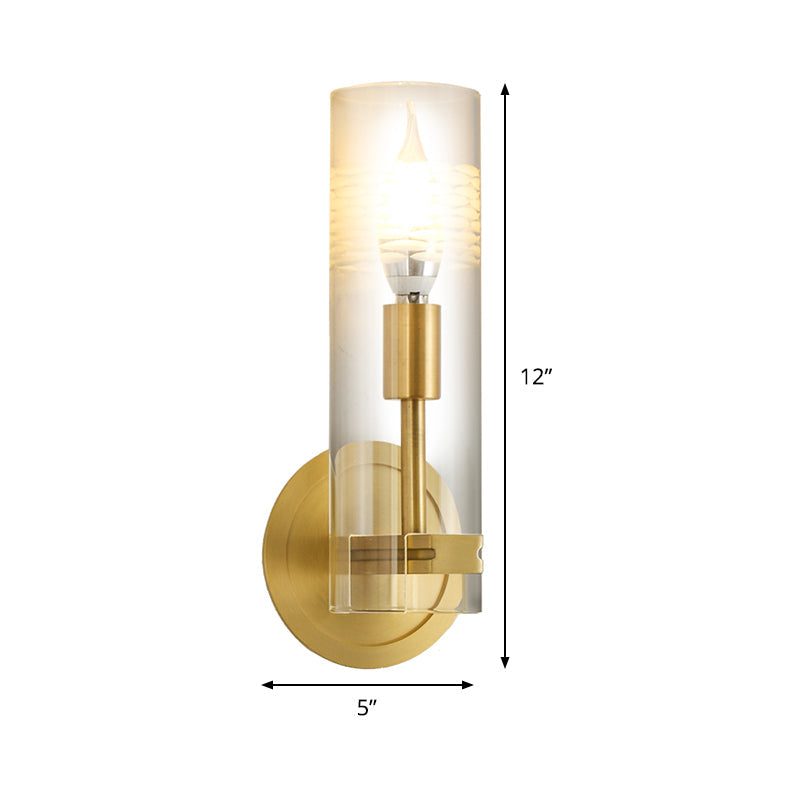 Sikunuo | Modernism 1 Head Wall Light Brass Cylindrical Wall Mount Lighting with Clear Glass Shade
