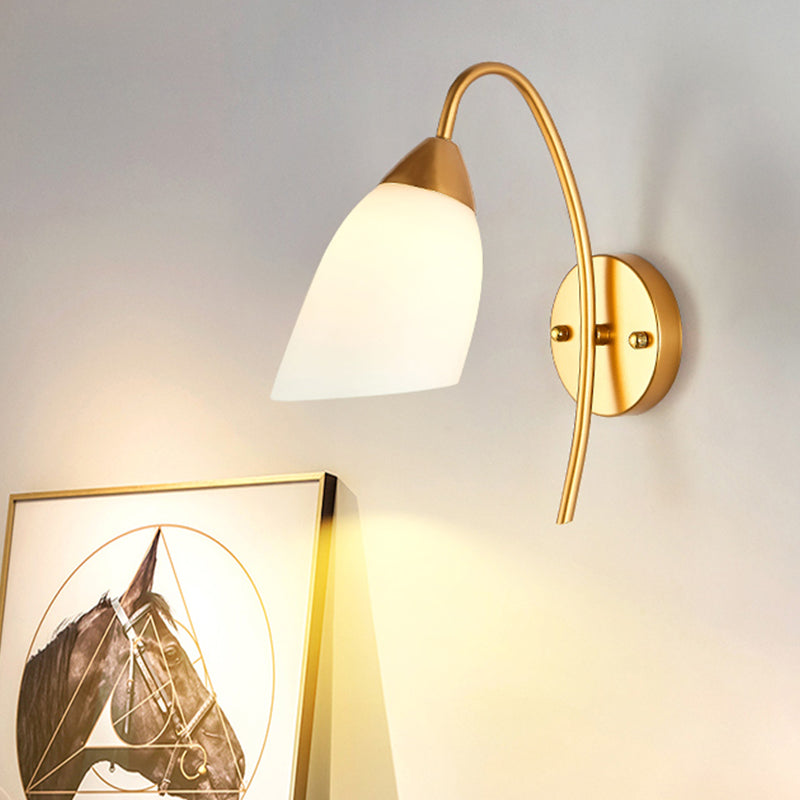 Sikunuo | 1 Head Bedroom Wall Lamp Modernism Gold Wall Mounted Light with Flare White Glass Shade