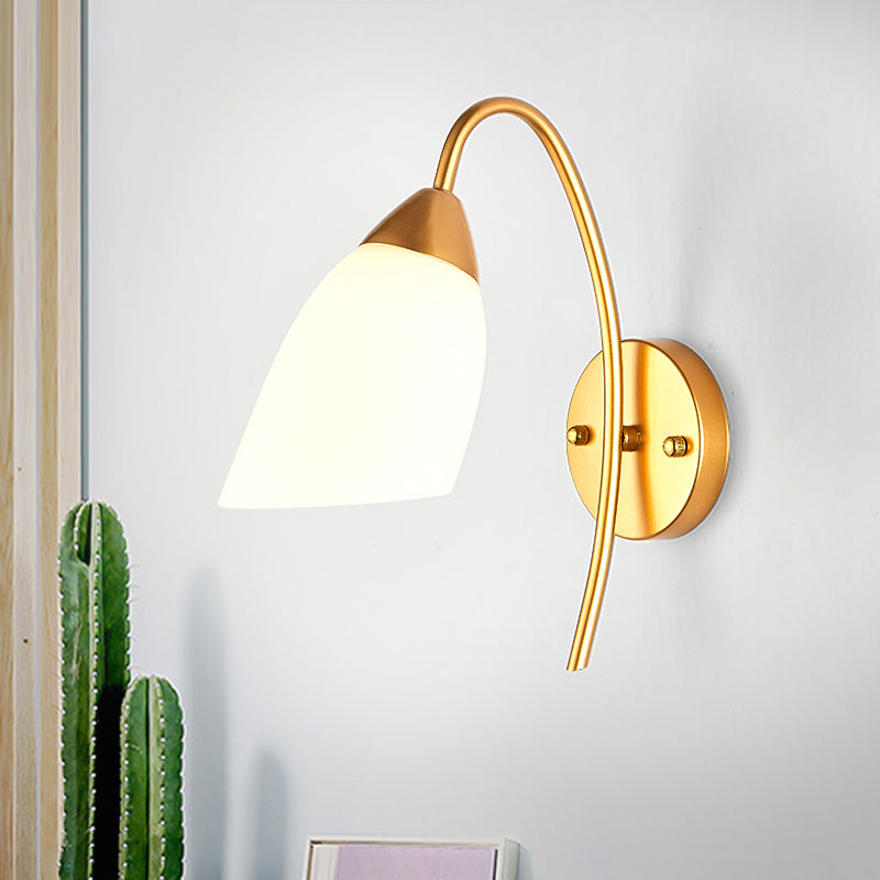 Sikunuo | 1 Head Bedroom Wall Lamp Modernism Gold Wall Mounted Light with Flare White Glass Shade