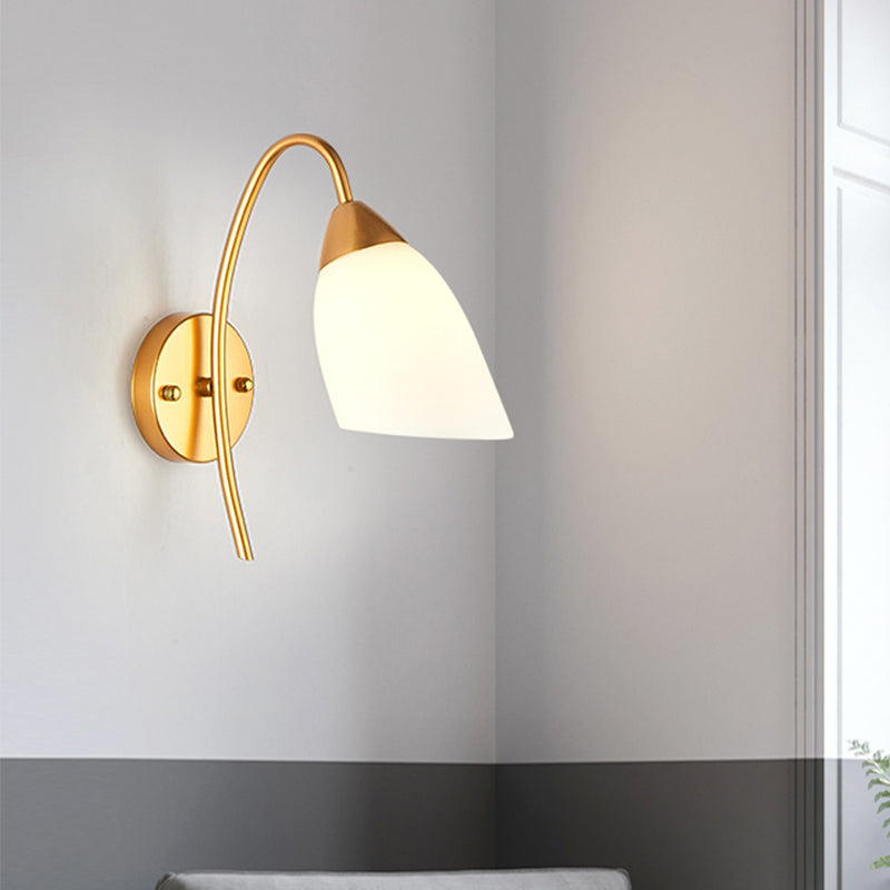 Sikunuo | 1 Head Bedroom Wall Lamp Modernism Gold Wall Mounted Light with Flare White Glass Shade