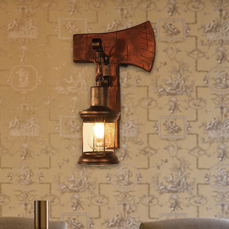 Sikunuo | Rust One-Light Wall Light Coastal Clear Glass Lantern Lighting Fixture with Wood Back Plate