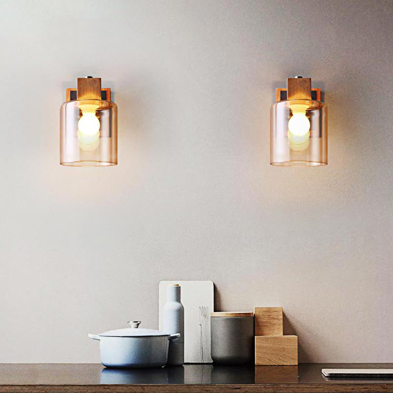Sikunuo | Cognac Glass Cylinder Wall Lamp Nordic Style 1 Light Mini Wall Sconce Made of Wood