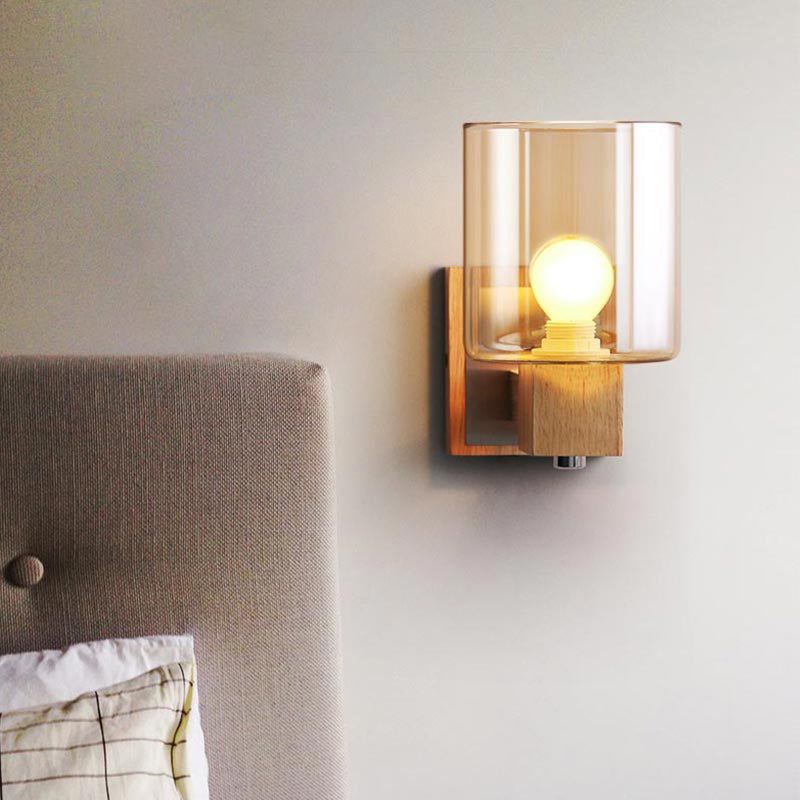 Sikunuo | Cognac Glass Cylinder Wall Lamp Nordic Style 1 Light Mini Wall Sconce Made of Wood