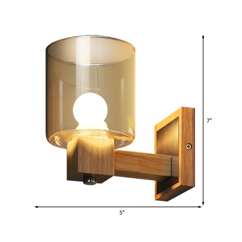 Sikunuo | Cognac Glass Cylinder Wall Lamp Nordic Style 1 Light Mini Wall Sconce Made of Wood