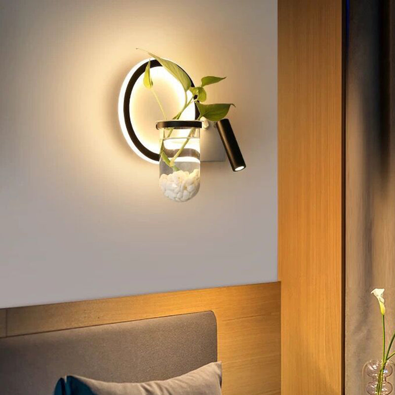 Sikunuo | Round/Square Bedroom Wall Lamp Industrial Clear Glass LED Black Wall Lighting in Warm/White Light