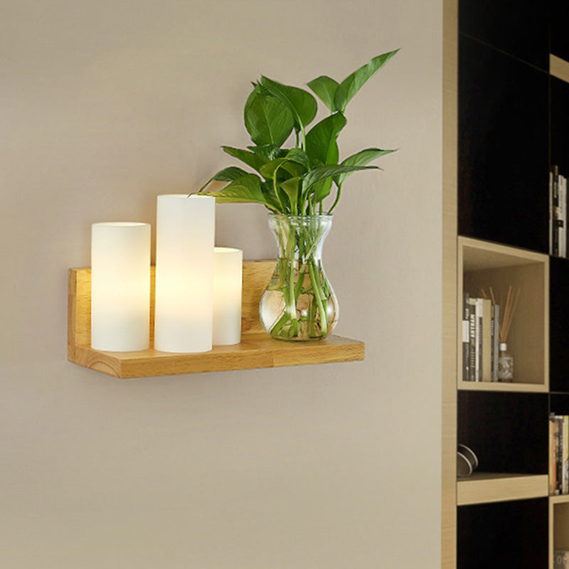 Sikunuo | Opal Glass Cylinder Wall Light Industrial 1 Lamp Bedroom LED Wall Lamp in Wood, Left/Right