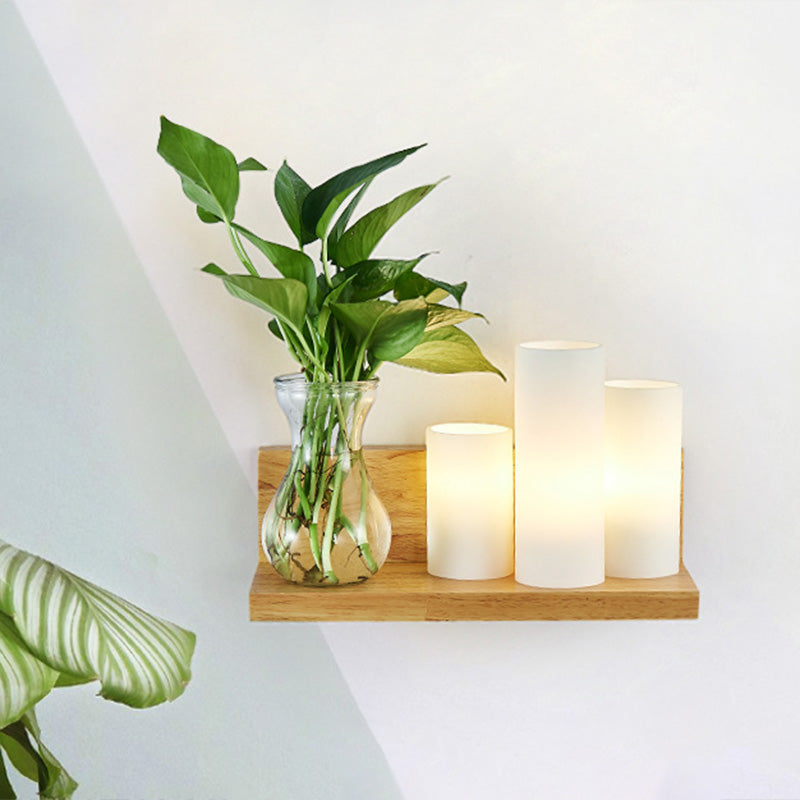 Sikunuo | Opal Glass Cylinder Wall Light Industrial 1 Lamp Bedroom LED Wall Lamp in Wood, Left/Right