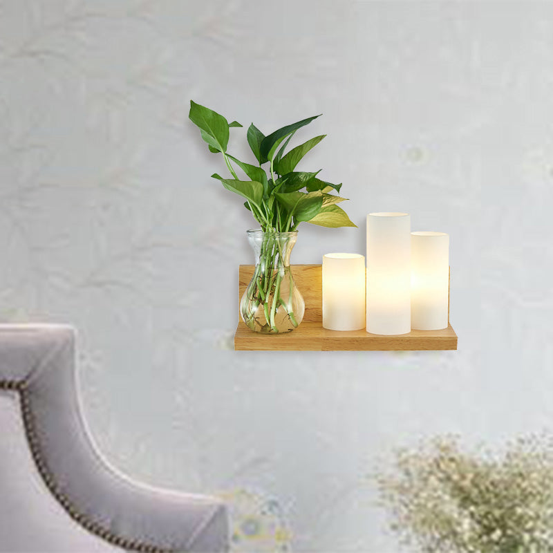Sikunuo | Opal Glass Cylinder Wall Light Industrial 1 Lamp Bedroom LED Wall Lamp in Wood, Left/Right