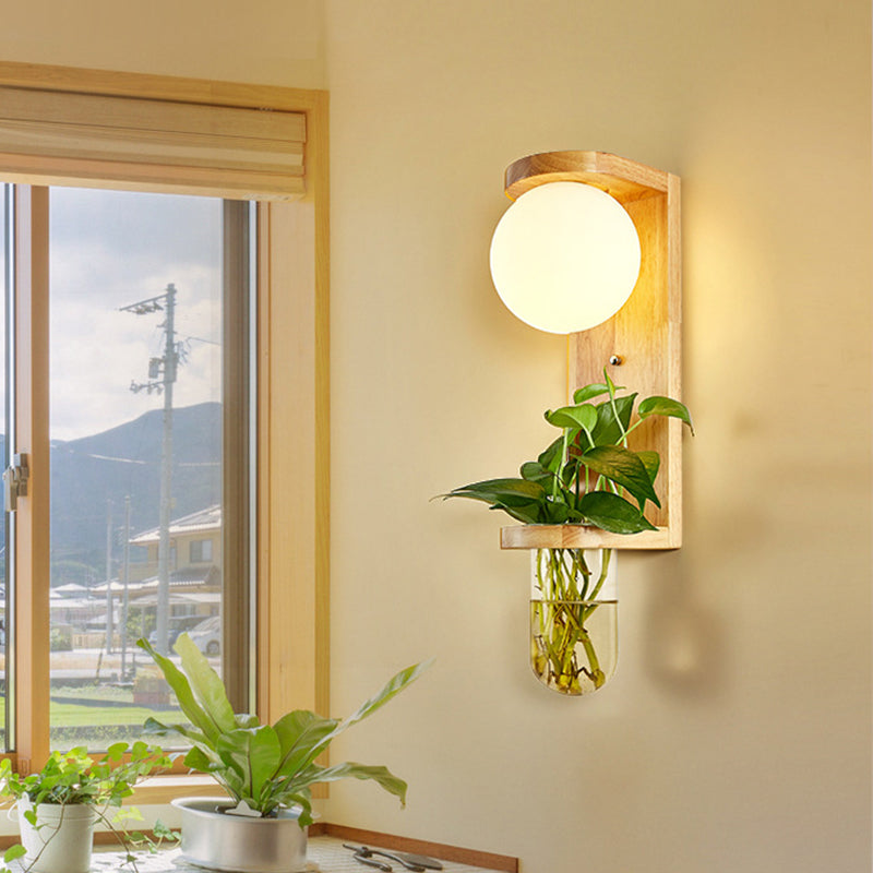 Sikunuo | Barrel/Globe Opal Glass Up/Down Light Simple 1 Light Living Room LED Wall Mount Lighting in Wood