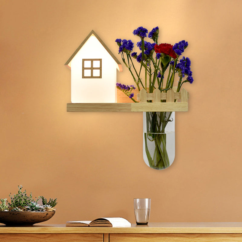 Sikunuo | Wood House Wall Lamp Industrial Cream Glass 1-Light Restaurant LED Wall Lights, Left/Right