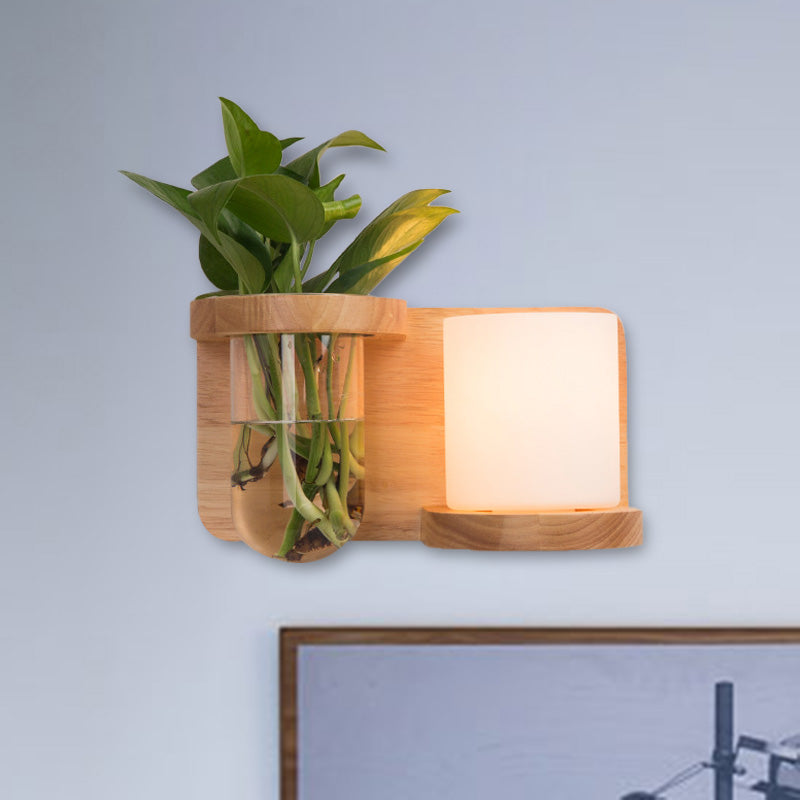 Sikunuo | 1 Main Barrel/Globe Wall Lamp Industrial Wood Opal Glass LED Wall Light for Living Room, Left/Right