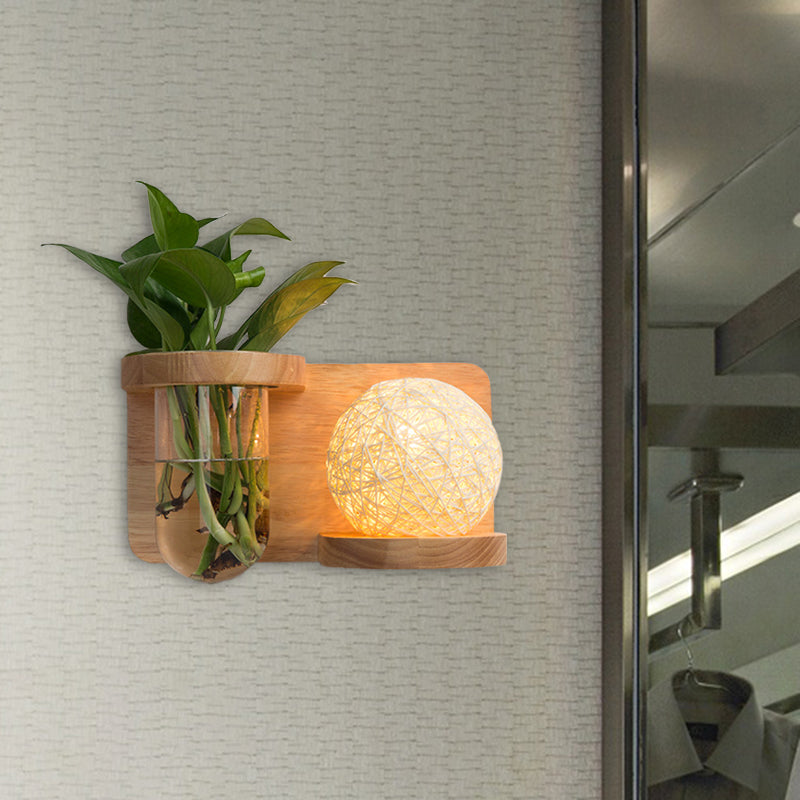Sikunuo | 1 Main Barrel/Globe Wall Lamp Industrial Wood Opal Glass LED Wall Light for Living Room, Left/Right