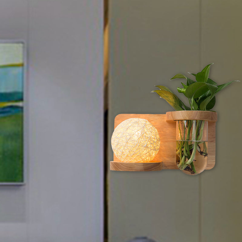 Sikunuo | 1 Main Barrel/Globe Wall Lamp Industrial Wood Opal Glass LED Wall Light for Living Room, Left/Right