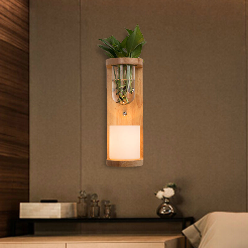 Sikunuo | Cylinder Living Room Wall Lamp Industrial Opal Glass 1 Light Wood LED Wall Light Lighting Fixture